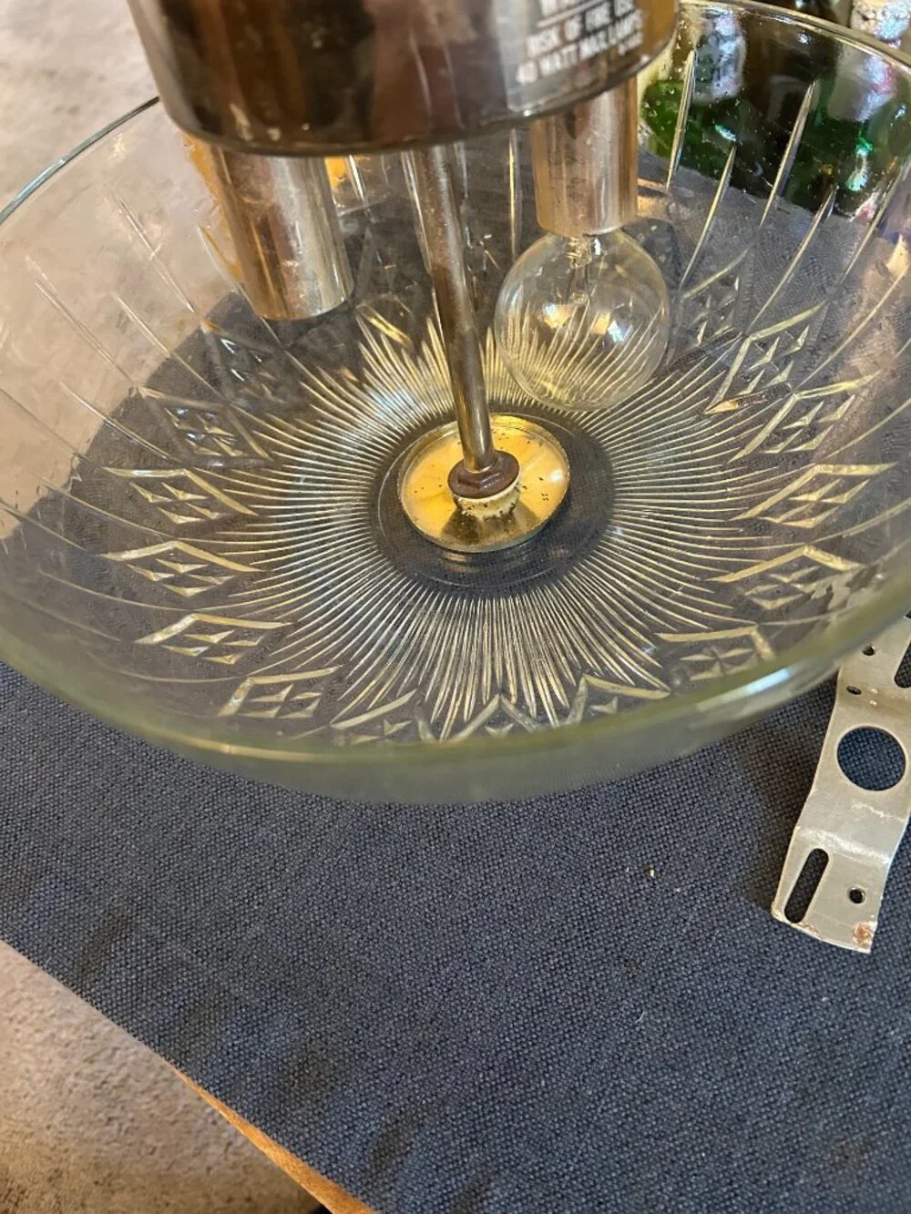 Vintage  Glass ceiling light fixture from mid century  or Art Deco   pressed gla
